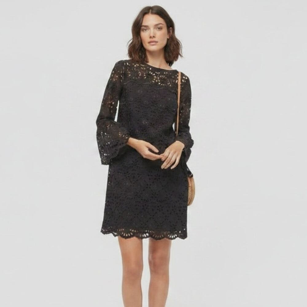 J.Crew Embroidered Eyelet Bell Sleeve Shift Dress Black 00 Mini Scallop NWT